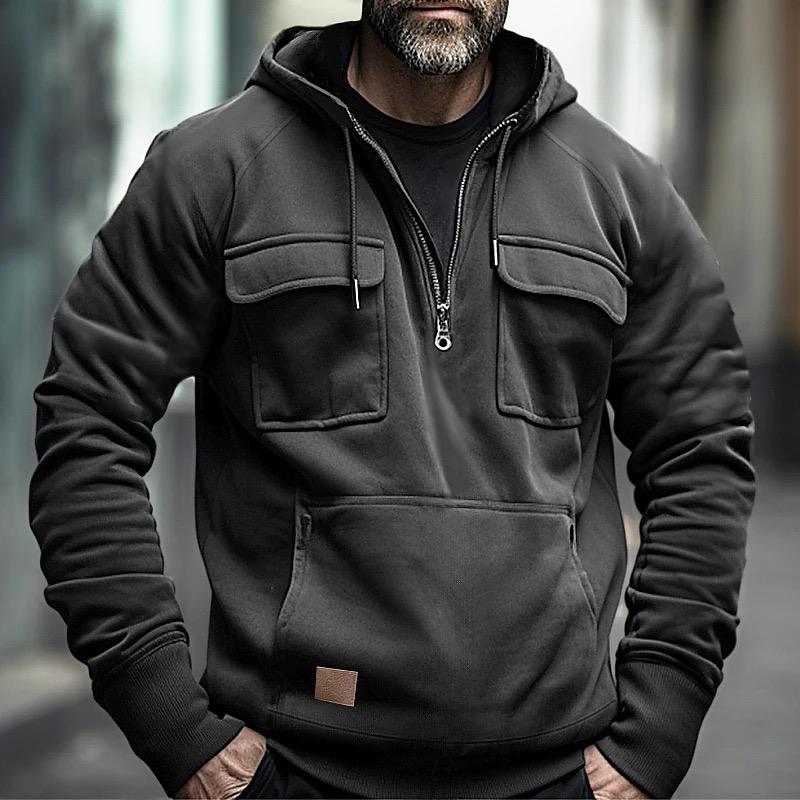 Half Zipper Men's Tactical Hoodies Solid Military Sweatshirts Multi Pockets Male Hooded Jackets Thick Outdoor Polar