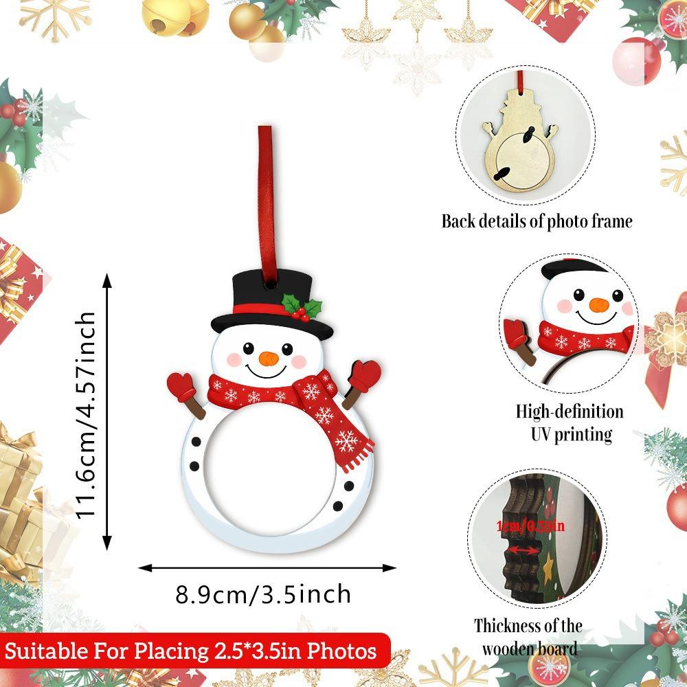 Flat Design Christmas Photo Frame Hanging Rope Bulk Set Wooden Picture Ornament 2D Style Wood Material Xmas Tree Decoration