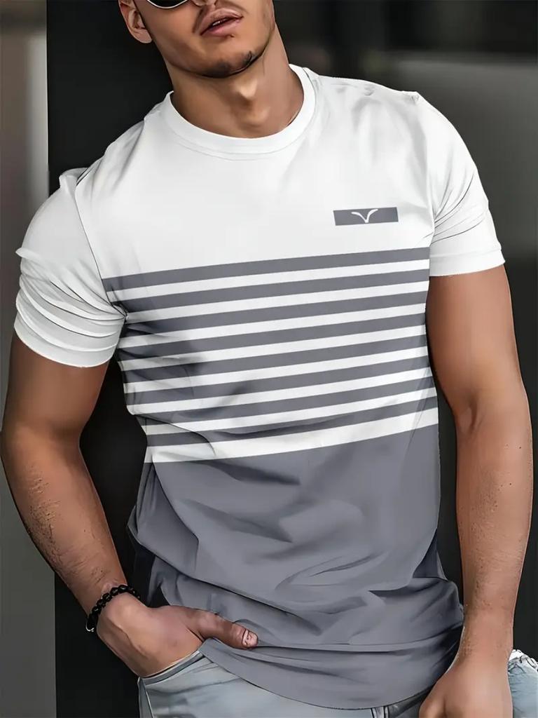 Sommarklassisk 3D-tryckt herr-t-shirt utomhus rund hals kortärmad topp randigt tryck gata lös t-shirt manlig överdimensionerad kläder
