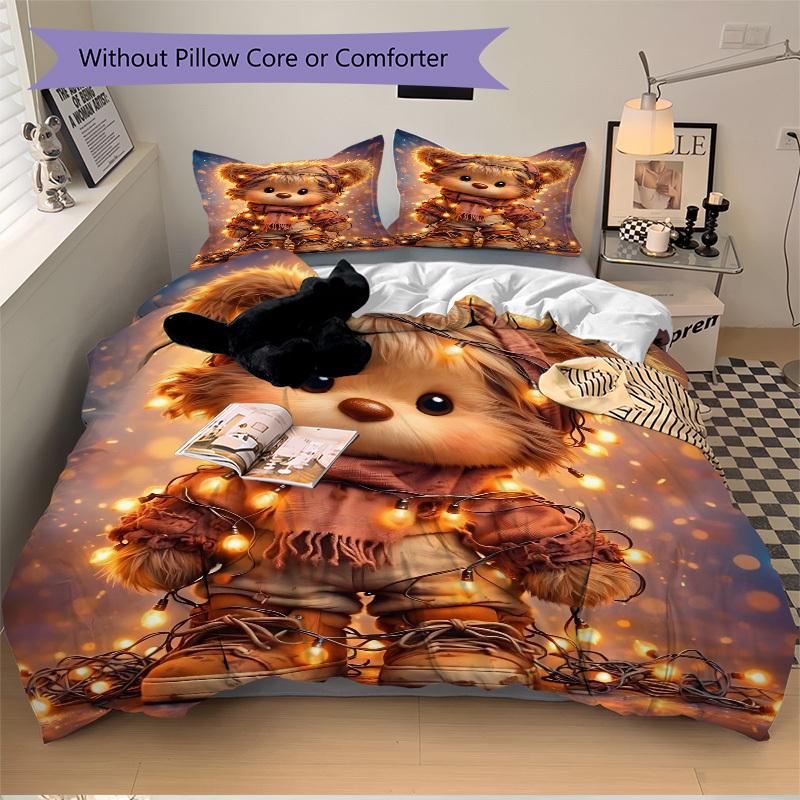 3pcs Christmas Lights Teddy Bear Bedding Set - Includes One Quilt Cover and Two Pillowcases (No Core) - Festive Gift for Bedroom Decor - Pol