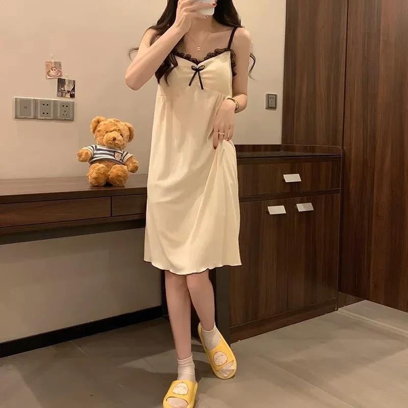 Hot Season Cropped Sleeve Nightdress Cartoon Simple Pajamas Loose Ladies Plus Size Sleeveless Apricot Long Luscious Loungewear Women