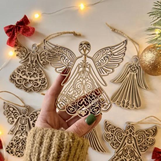 Wooden Angel Christmas Ornaments Rustic Angel Hanging Ornament with Hollow Design for Winter Xmas Home Office Wall Window Mantel Party Decor