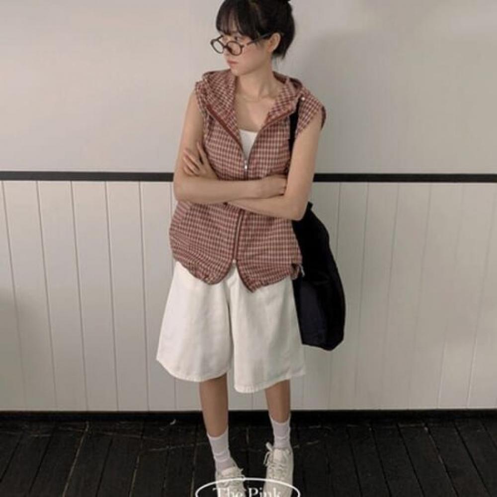 The Pink Check Anorak Hood String Zip Up Vest