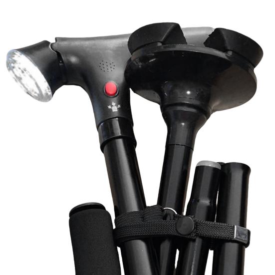 Aluminum Alloy Walking Cane with Light Alarm Height Adjustable Non-slip Lightweight Double Handle Foldable