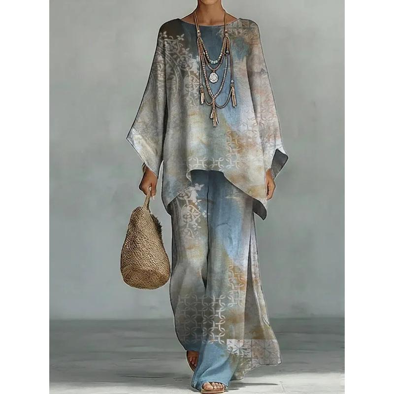 New Round Neck Bat Sleeve Printed Loose Set Bohemian Lazy Casual Two-piece Set