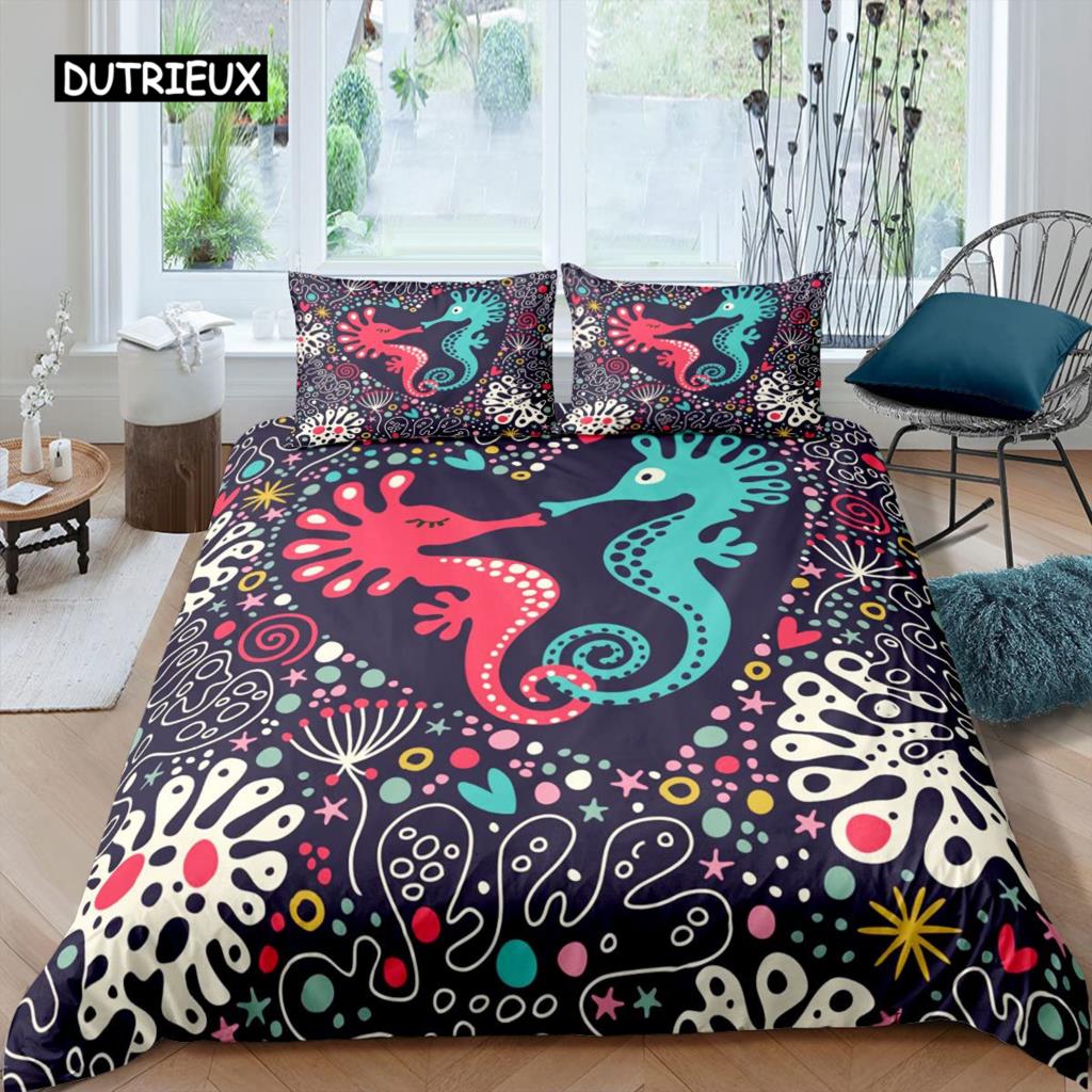 Set de așternut Hippocamp Animal Marin Husă de pilotă Lume subacvatică Corali portocalii Viață marină Arici de mare Moale Femei Copil Decor dormitor