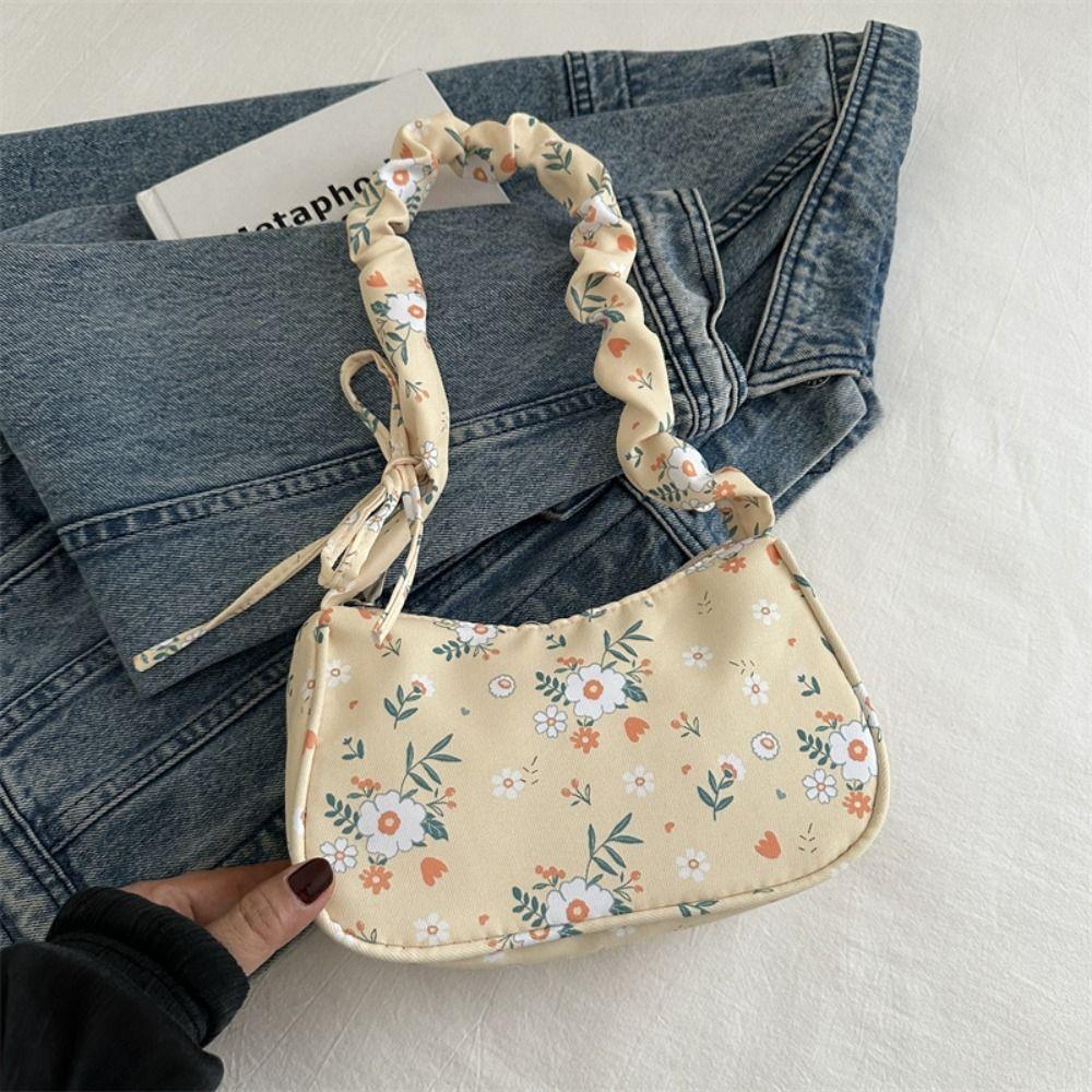 Elegant Flower Pattern Printing Shoulder Bag Bow Wrinkle Sweet Canvas Bag Underarm Bag Large Capacity Lovely Tote Bag Travel