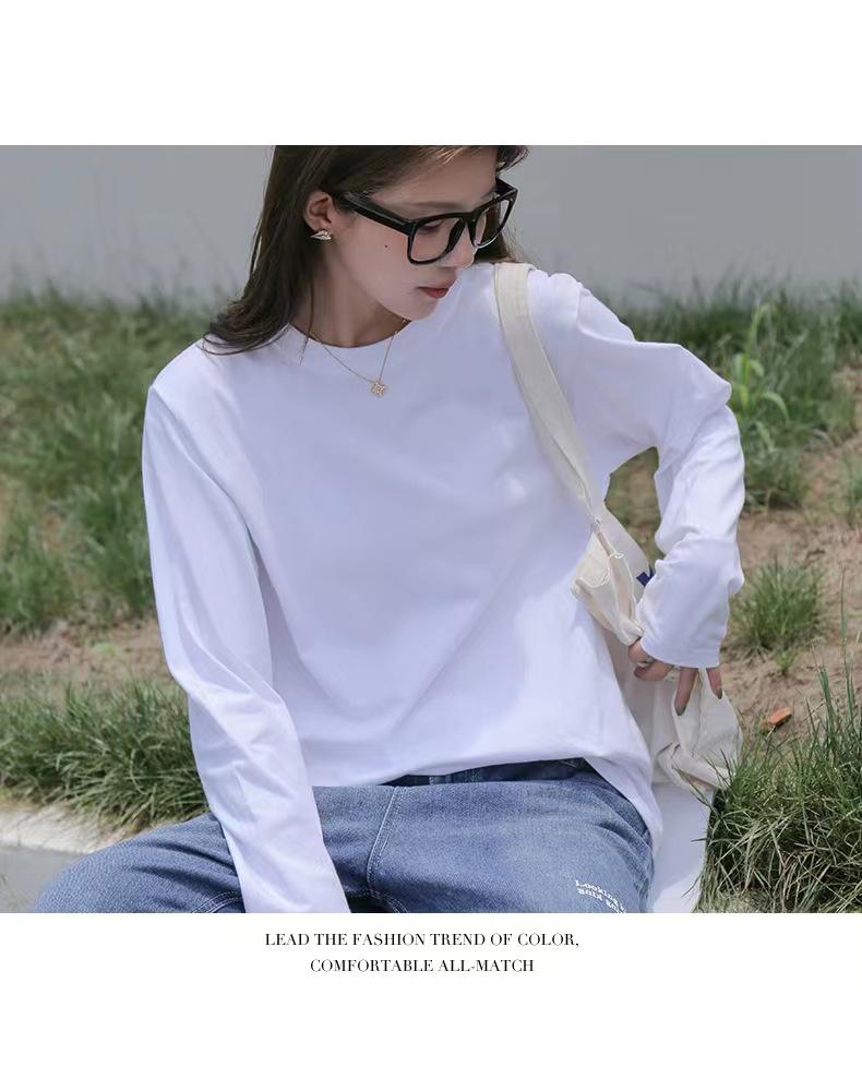 Damen-T-Shirt aus reiner weißer Baumwolle mit langen Ärmeln und Rundhalsausschnitt, lockerer Passform für Herbst und Winter