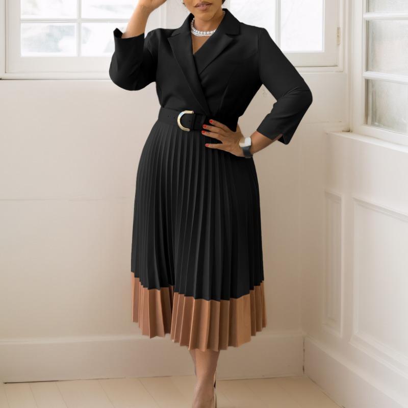 Women Elegant Turn Down Collar Office Puff Sleeve Pleated Midi Dress