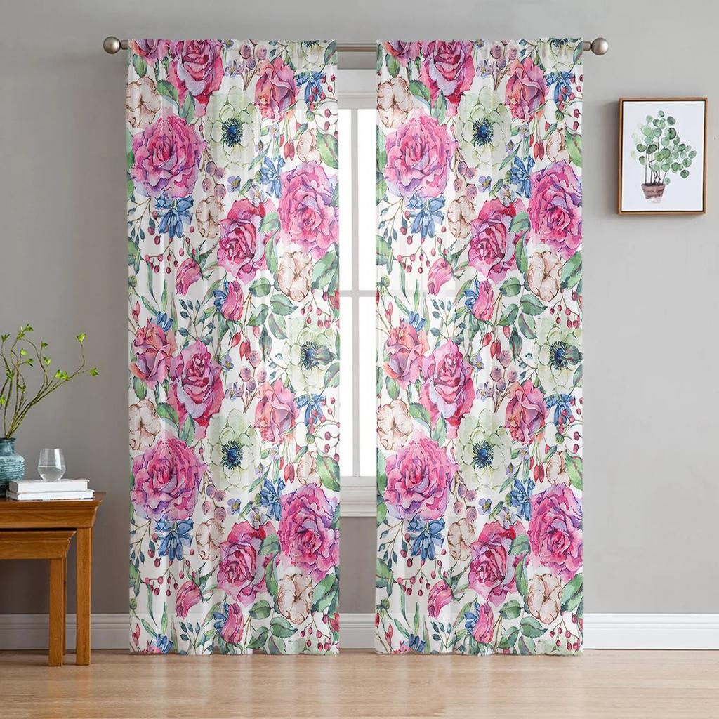 Pink Rose Vintage Tulle Window Curtain For Living Room Modern Sheer Curtain For Bedroom Kitchen Drapes Custom