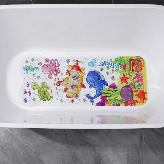 Yousheng 100x40CM Cartoon Sea Animal Bathtub Mat with Suction Cup Drain Holes Rectangle Bathroom PVC Non-slip Mat Machine Washable Kids Bath Floor Mat