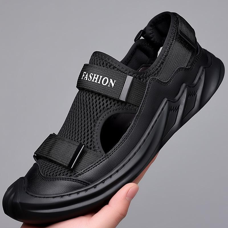 Summer Sandals for Men Black Fashion Baotou Slippers Large Size Soft Sole  New Mesh Sandalias Breathable Outdoor Beach Shoes