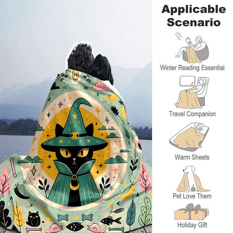 1pc Green Wizard Cat Blanket  Soft Throw for Home Decor, Perfect Gift for All Seasons, Living Room, Travel, Camping, Car Blankets