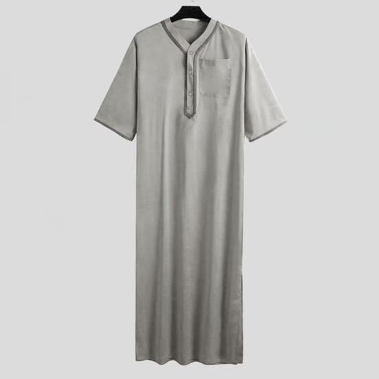 Herren-Kaftan-Gewand, einfarbig, mittelärmelig, langer Thobe, V-Ausschnitt, Abaya, Gebetskleidung, Ihram-Gewand für den Sommer und den Alltag
