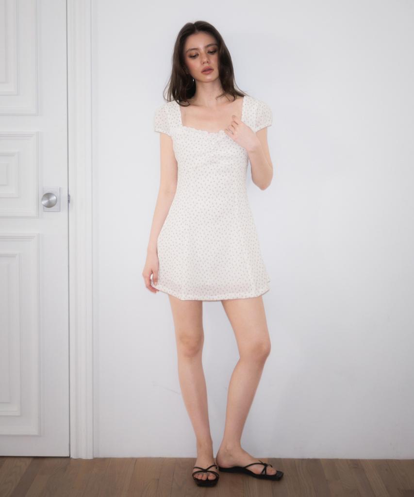 Rose Franz Lace Shirring Button Flare Dress [Ivory]