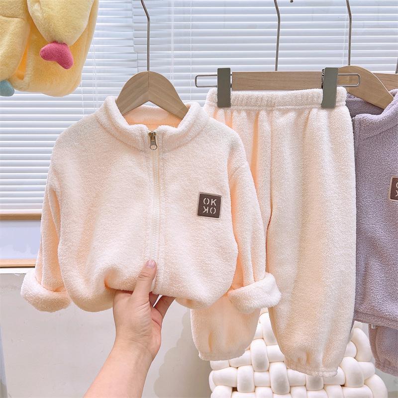 Sets Autumn Winter Warm Fleece Suits Cardigan Pants Outfits Boys Girls Homewear