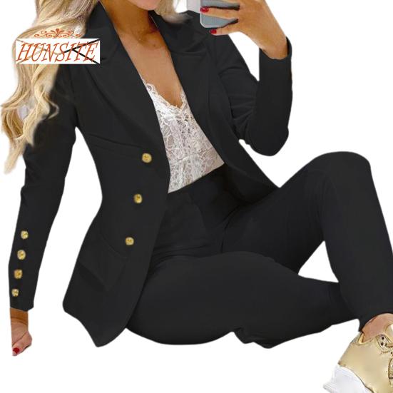 Completo da donna da lavoro da 2 pezzi / set, colletto rovesciato, tinta unita, vita alta, monopetto, pantaloni alla caviglia, completo da lavoro