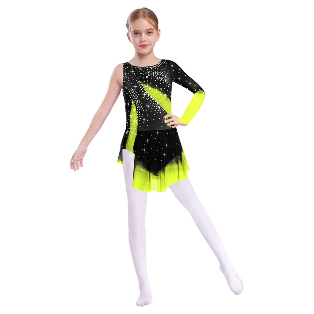Kids Figure Skating Dress - Rhythmic Gymnastics Costume with Round Neck, Asymmetrical Split & Rhinestone Details