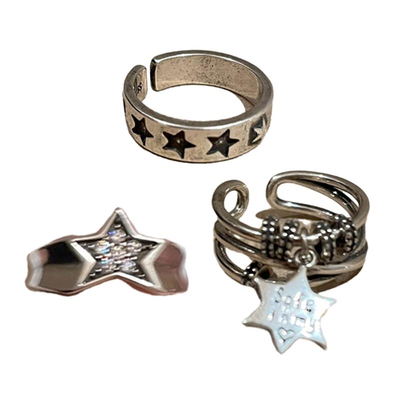 Silver Color Stars Rings Vintage Gothic Ring for Men Women Fashion Star Open Adjustable Ring Y2k Jewelry Gift