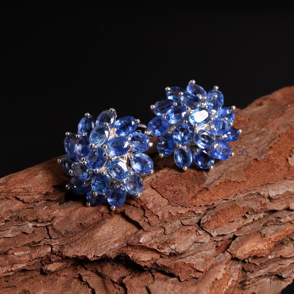Natural Blue Kyanite gemstones clasp earrings flower design S925 silver quality jewelry for women party banquet gift