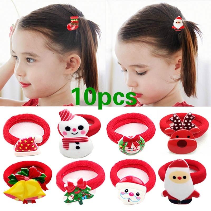 10pcs Fashion Girls Popular Christmas Hair Band Tree Santa Bell Snowman Elastic Braiders Accessories Style Random