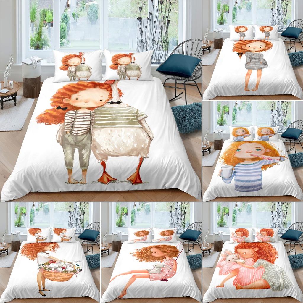 Cartoon Girl Pattern Duvet Cover Set, Cute Girl Goose Portrait Bedding Set For Child, Oil Painting Style Duvet Cover