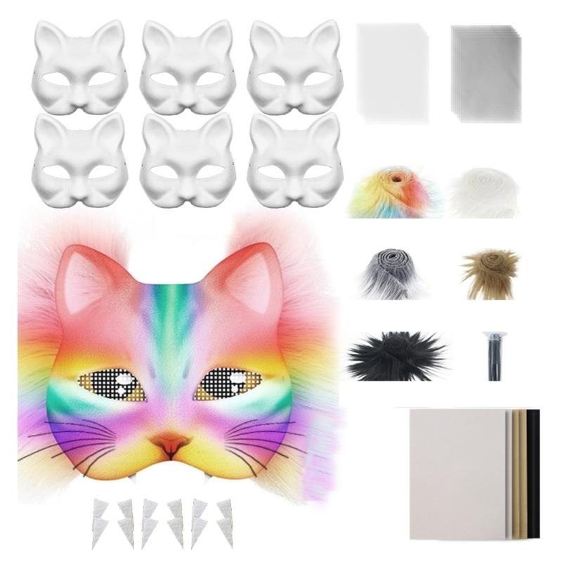 29/42 st Ommålade Kattansiktsmasker Pappersmask med Pälskant Filtad Tyg Ögonnät Ommålade Maskeraddräkter för Hantverk