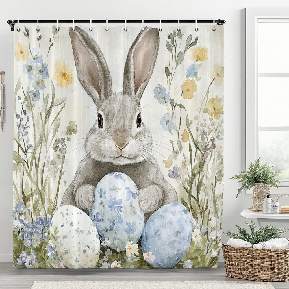 Cute Bunny Shower Curtain, Floral Colorful Eggs Wooden Plank Bowknot Bathroom Decorative Curtain, Waterproof Shower Curtain