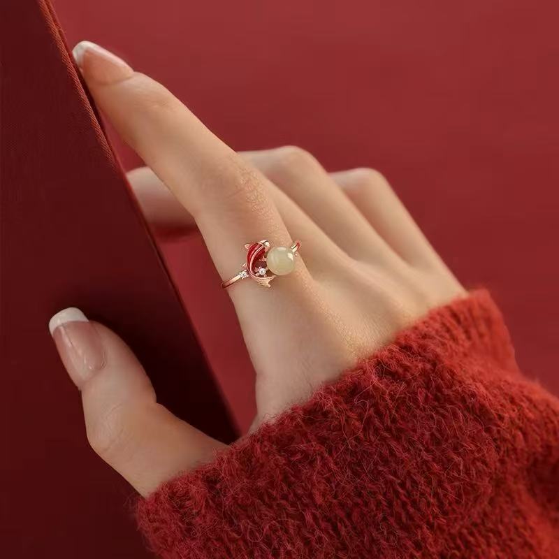 Exquisite Bead Index Finger Rings Trendy Zircon Fish Open Rings For Women Fashion Party Accessories Jewelry Gift