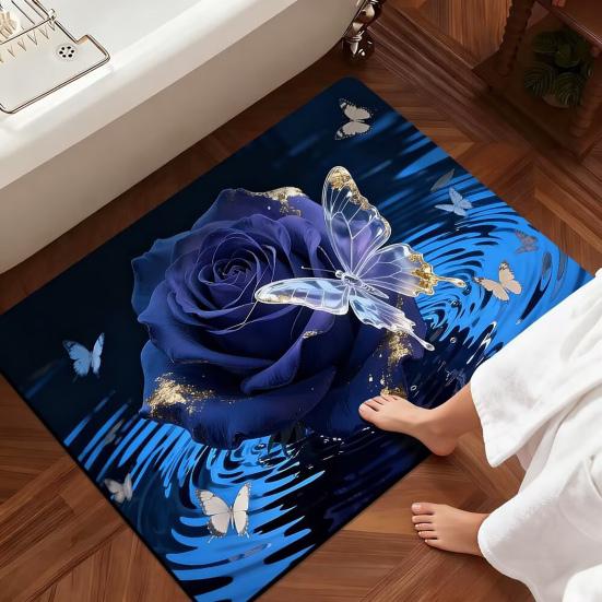 Covoraș de baie 3D cu trandafiri Covoraș de podea realist cu trandafiri și fluturi Covoraș absorbant antiderapant pentru hol, bucătărie, dormitor, sufragerie