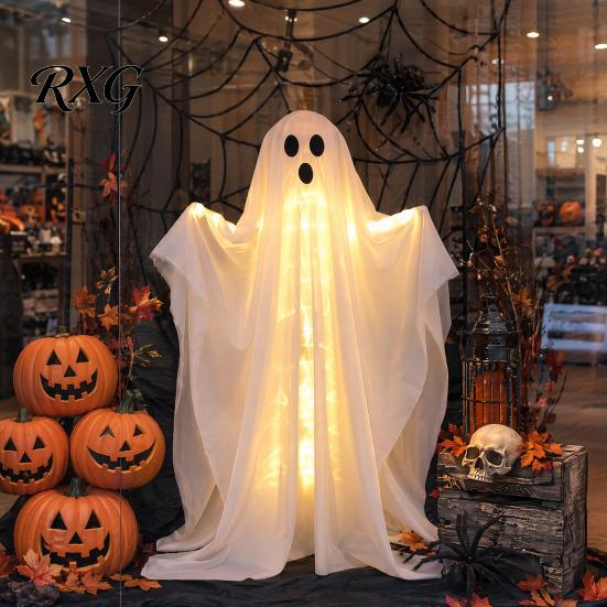 Geist mit warmen Lichtern Halloween-Dekoration, LED-leuchtender stehender Geist, Innen-Außen-Grusel-Fenster Weiß für Veranda, Hof, Rasen, Garten Dekoration