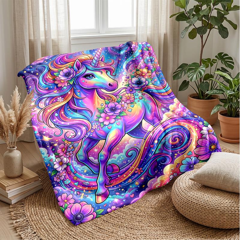 Rainbow Unicorn Fantasy Theme Blanket Lightweight Warm Flannel Blanket Decorative Throw Blanket for Home Decoration
