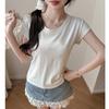 Summer Lyocell Tencel small fly-sleeved front shoulder short-sleeved t-shirt women's high-end sense niche slim-fitting and thin meat-covering top