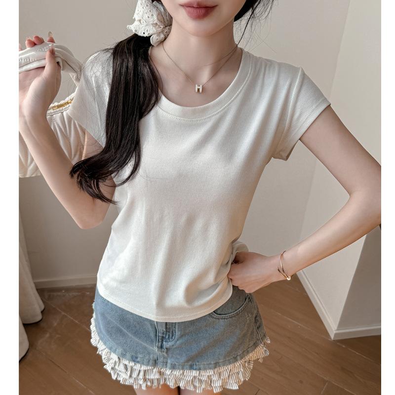 Summer Lyocell Tencel small fly-sleeved front shoulder short-sleeved t-shirt women's high-end sense niche slim-fitting and thin meat-covering top