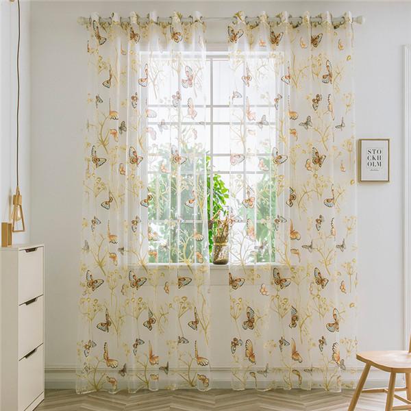 Transparenter Tüll-Vorhang, Schmetterlingsdruck, transparentes Fenster, Voile-Drapierung, Volantstoff, romantischer Blumen-Fensterschutz, 1 Stück
