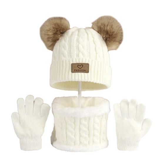 3Pcs/Set Kids Winter Hat Scarf Gloves Set Two Plush Ball Decor Twist Texture Brimless Hat Knitting Gloves Fleece Lining Neck Gaiter Set