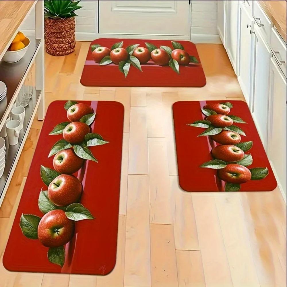 Red Apple Leaves Fruit Pattern Kitchen Rug 2D Flat Print Non-Slip Washable Floor Mat for Bathroom Bedroom Living Room Decor