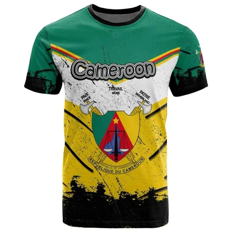 T-shirt Homme Drapeau Cameroun Impression 3D Emblème National Camerounais Hauts Manches Courtes Col Rond Surdimensionné T-shirts de Sport Vêtements