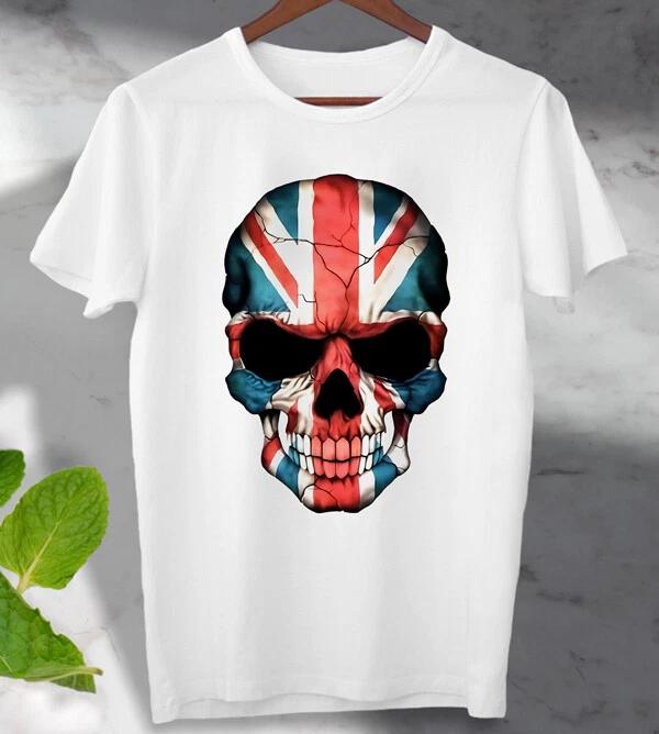 British Flag Skull 100% Cotton T-shirt Mens Tees Top Union Jack England Tee Unisex Men's, Ladies Top