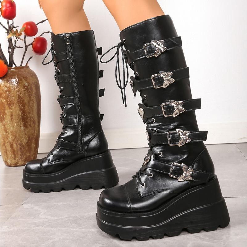 2025 New Size43 Women's Belt Buckle Motorcycle Boots Women's Fashion Punk Long Boots High Quality Trend Knight Boots Botas Mujer