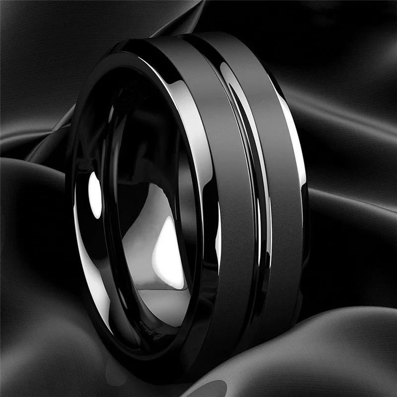 Fashion 8mm Men Rings Black Groove Matte Stainless Steel Rings For Men Wedding Engagement Jewelry Anniversary Birthday Gifts