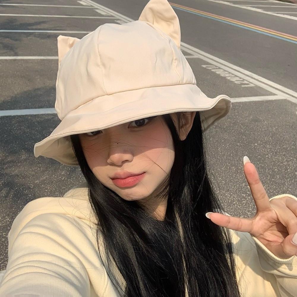 Anti-UV Cat's Ears Bucket Hat Wide Brim Sun Hat Casual Wide Brim Hat Daily Wear