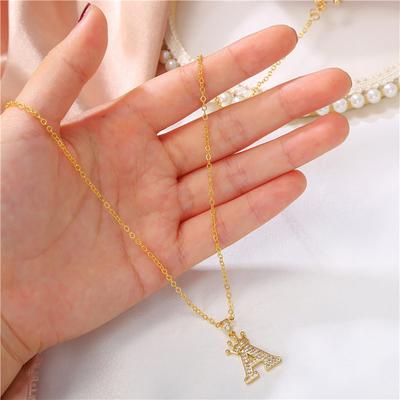 Letter Necklace Rhinestone Crown Letter Pendant Adjustable Chain Women Necklace for Gift