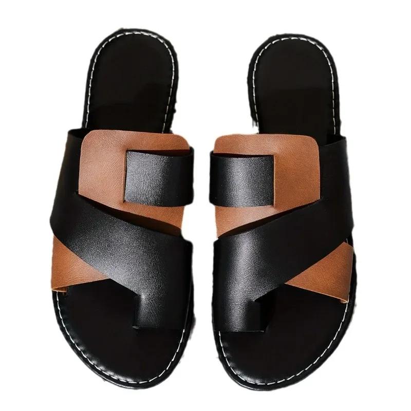 Casual Flat Top Plus Size Slippers for Women 2025 New Color Blocked Comfortable Black and White Fish Mouth Slippers for Women