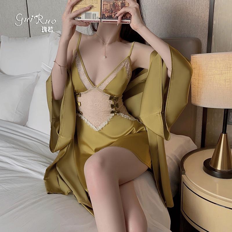 Women's Silky Push Up Padded Backless Cami Dress with Robe Lounge Set