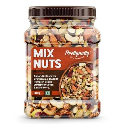 PrettyNutty Healthy Nutmix 500g, Dried Almonds, Black Raisins, Cashewnuts, Cranberries, Black Dates & Many More. (Pack of Jar)