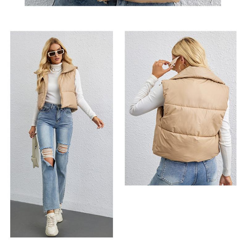 Weste Damen Herbst und Winter, einfarbig, Kordelzug, Stehkragen, winddicht, warm, Weste, ärmellose Jacke