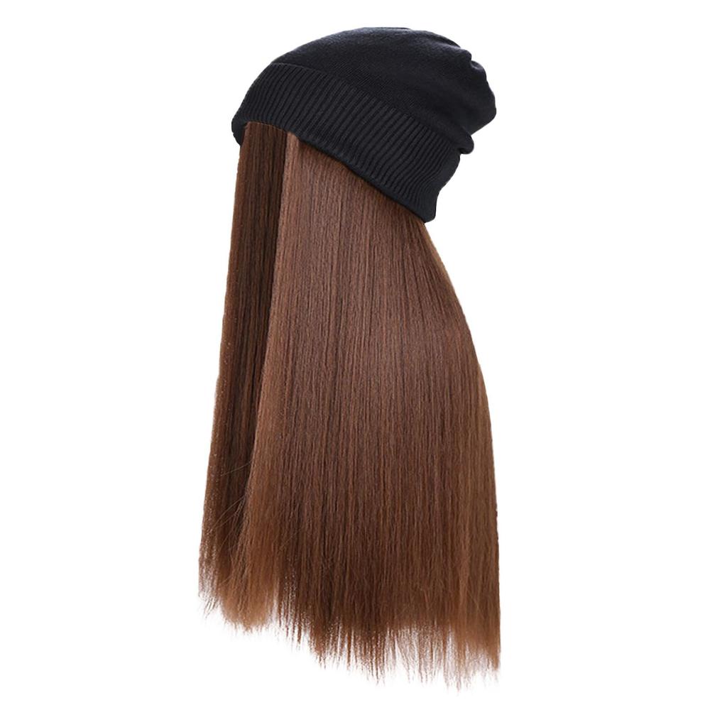 Chapeau d'hiver pour femme avec perruque en tricot avec cheveux longs raides/ondulés bouclés attachés 23,6 pouces Cheveux synthétiques Perruques Pièce de cheveux