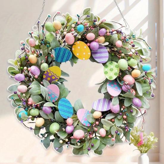 Yousheng Easter Wreath 2D Acrylic Bunny Easter Eggs Wreath Spring Hanging Ornament for Door Wall Window Decor