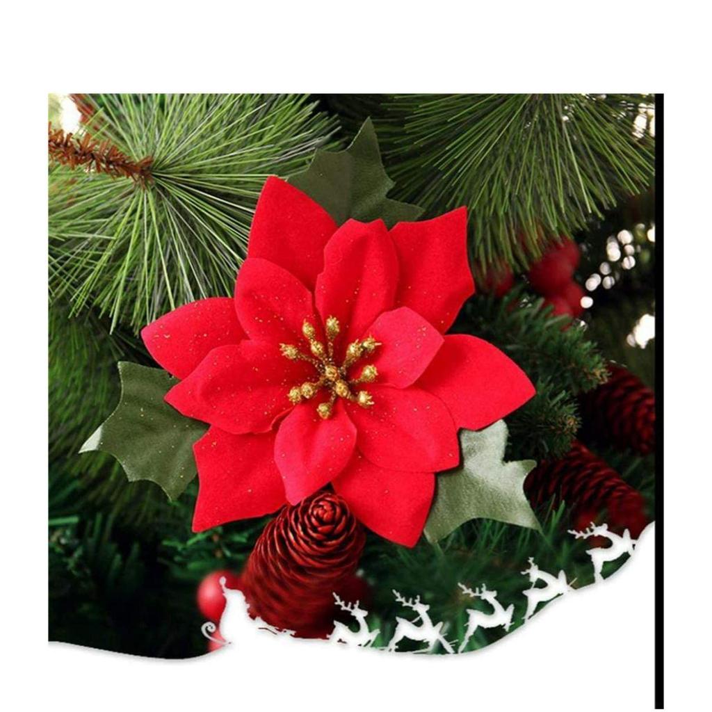12pcs Christmas Poinsettias Red/Gold Velvet Decorative Artificial Flowers Christmas Flowers of Velvet Christmas Decorations Items